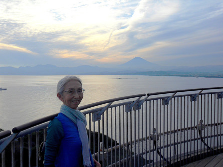 FUJISAWA: Marika on Enoshima tower with Mount Fuji in the back